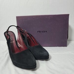 PRADA Size 9.5 Vtg camoscio nero 1j6374 Slingback Pumps (Black, EU 39.5) w. box